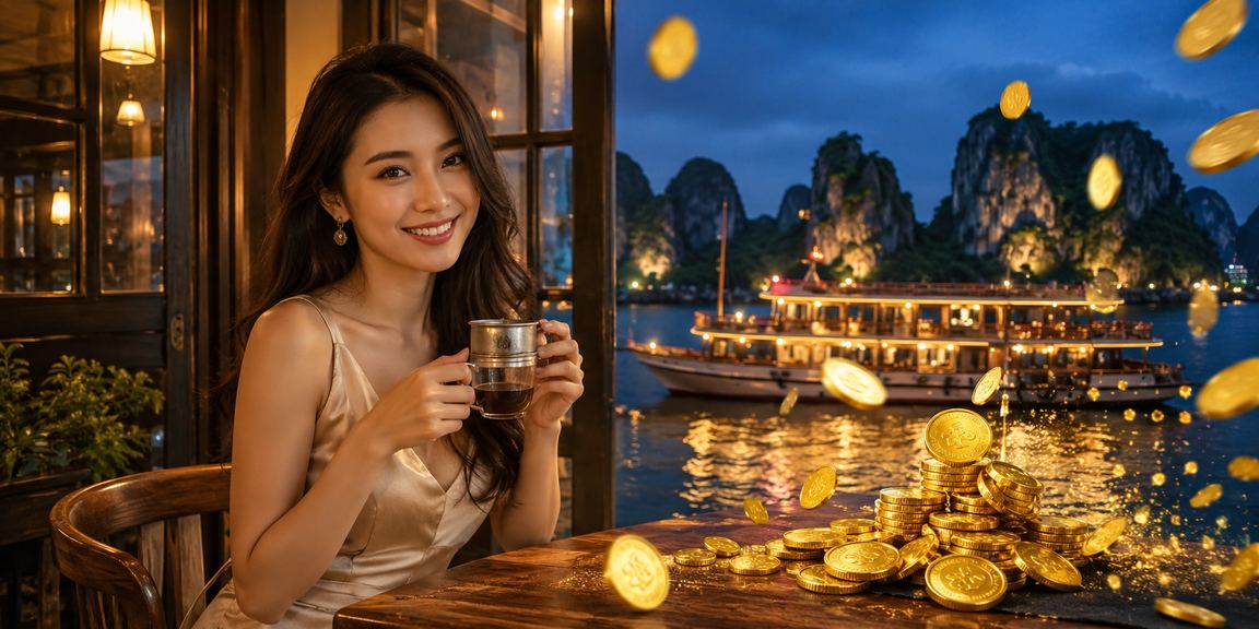 Người dùng đăng ký nhận thưởng tại vịnh Hạ Long với ly cà phê Việt Nam